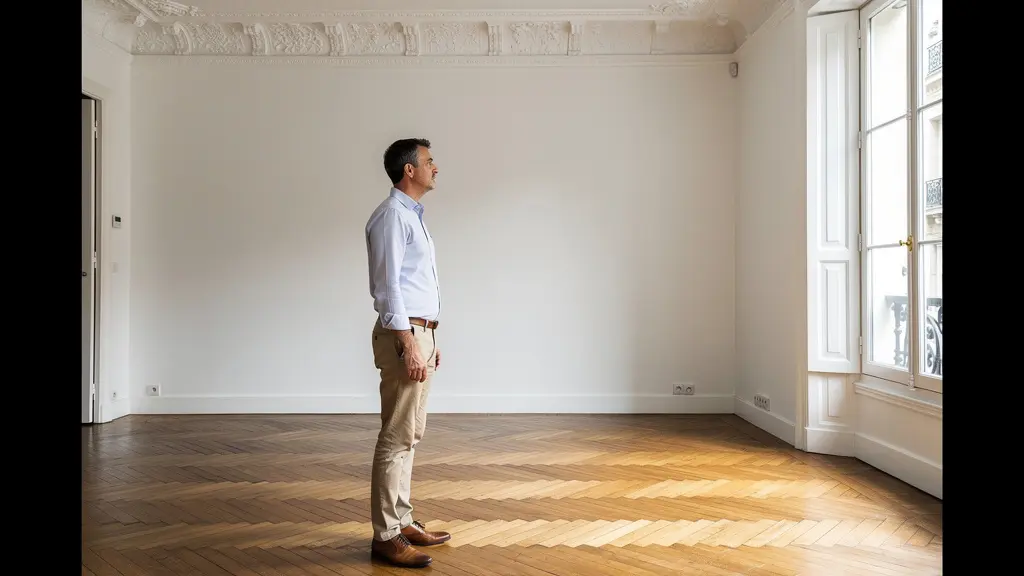 Expert immobilier évaluant un appartement vide lors d'une visite terrain