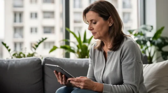 Propriétaire consultant une estimation immobilière sur tablette dans son salon lumineux