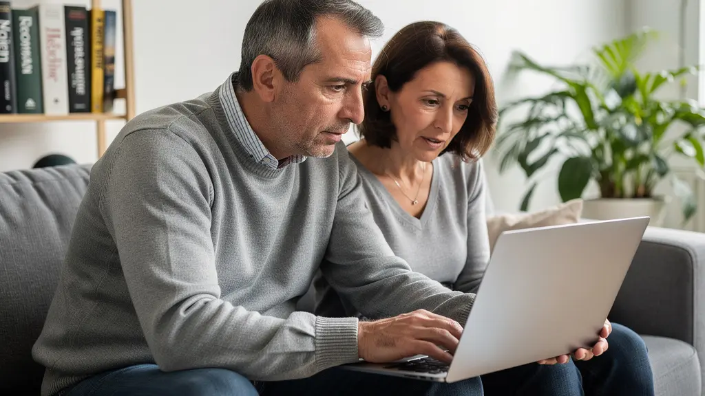 Couple français consultant une estimation immobilière sur ordinateur portable