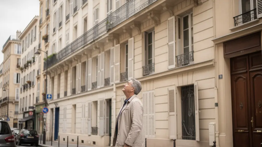 Façade d'immeuble résidentiel français typique observée par une personne