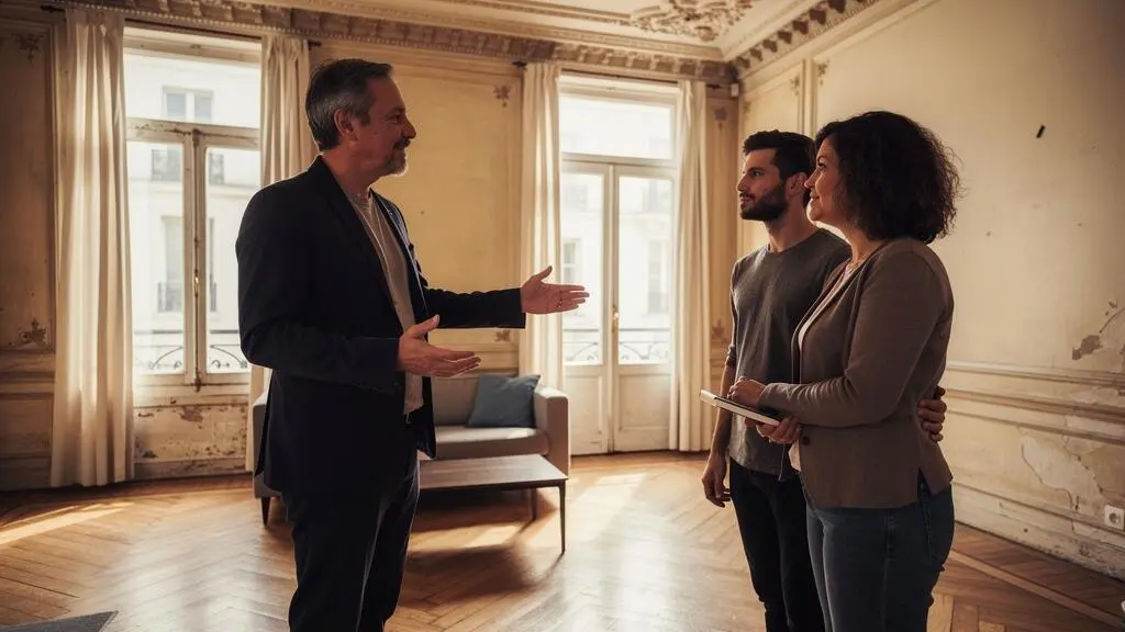 Un agent immobilier présente un appartement haussmannien à un couple de futurs acheteurs venus le visiter.