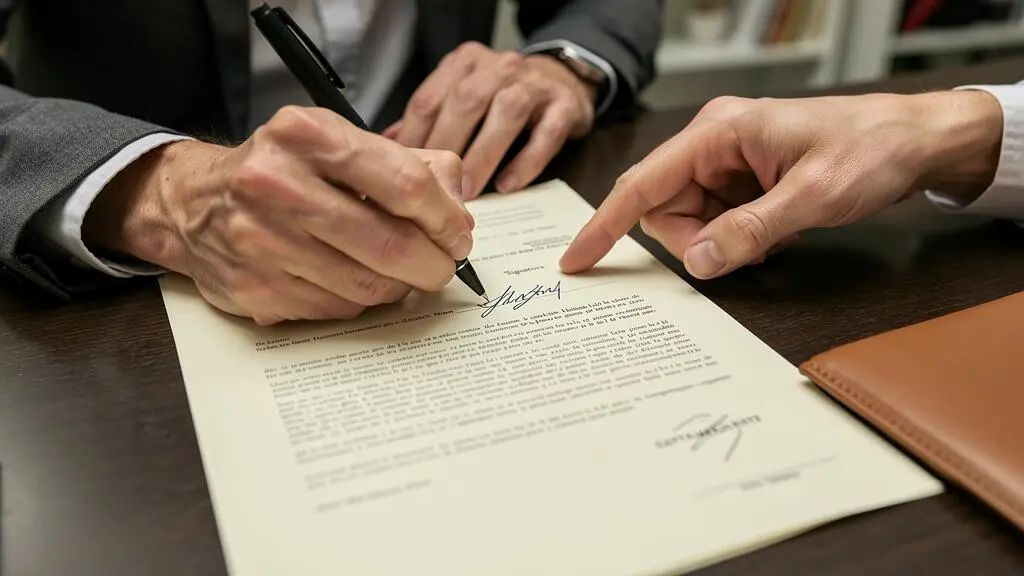 Des mains signent un document imprimé posé sur une table en bois dans un office notarial.